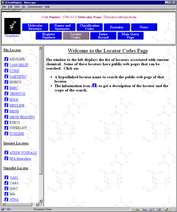 Figure 4 - Locator Codes Page - Dioxin