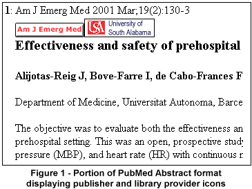 Portion of PubMed abstract format displaying publisher and library provider icons