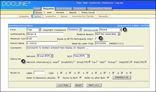 Screen capture of borrow routing instructions.