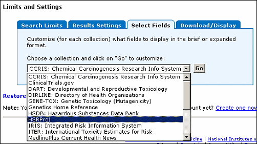 Screen capture of choosing HSRProj collection.