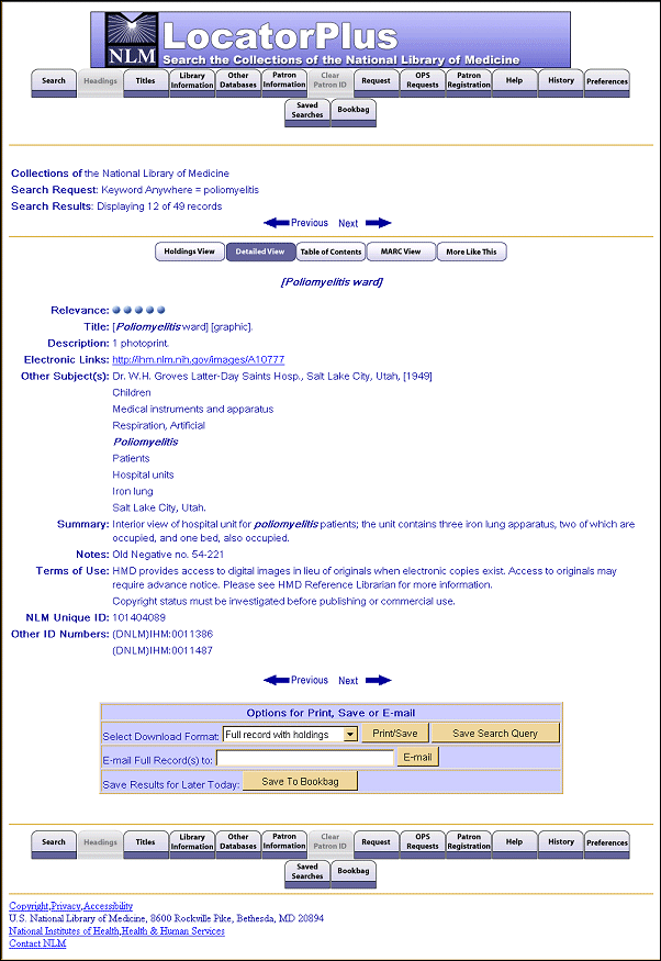 Screen capture of sample IHM LocatorPlus record, detailed view.