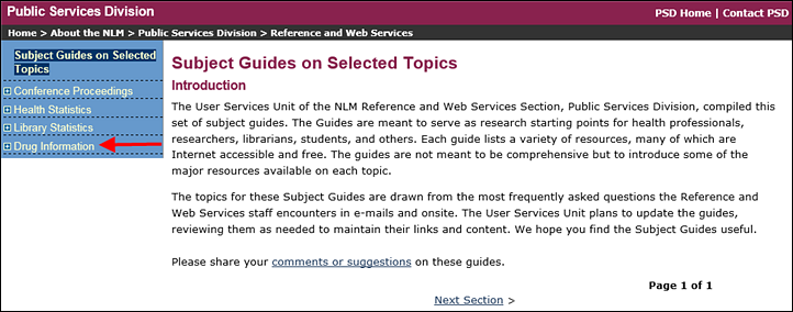 Screen capture of Subject Guides on Selected Topics series with arrow pointing to Drug Information.