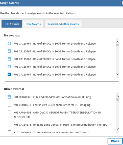 Use the Assign Awards screen to tag citations with the relevant funding