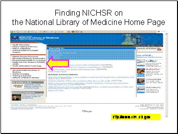 Screen shot of http://www.nlm.nih.gov; Arrow points to “Health Services Research and Public Health” option from left hand menu.