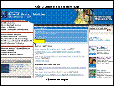 Screen shot of http://www.nlm.nih.gov.  Arrow points to “Health Services Research and Public Health” option from left hand menu.