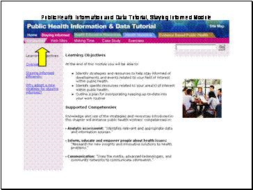 Screen shot of http://phpartners.org/tutorial/01-si/index.html.  Arrow points to the subsections of this module, “Introduction”, “Web Sites”, “Making Time”, “Case Study”, and “Exercises”.