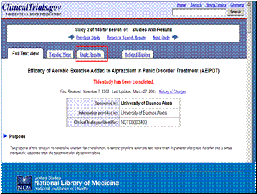 ClincialTrials.gov Study screen, highlighting the Study Results Tab.