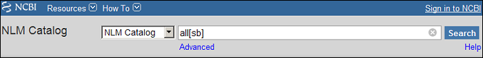 Screen capture of the NLM Catalog search to retrieve all items in NLM Catalog