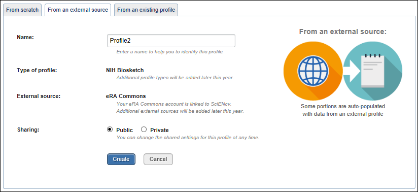 Screen capture of Creating a SciENcv profile page from an external data feed.