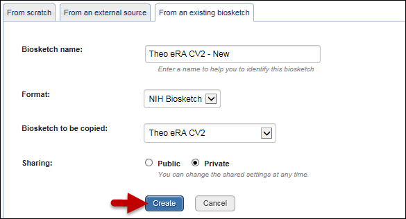 screen shot of Convert to the new NIH Biosketch format