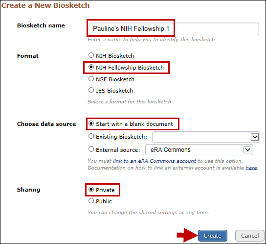 Create an NIH Fellowship biosketch using a blank template