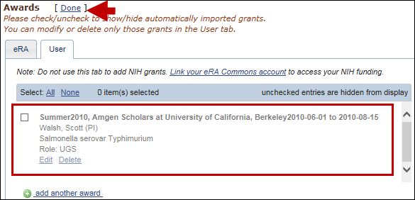 Delete/edit or hide/display entries in Research Support/Scholastic Performance