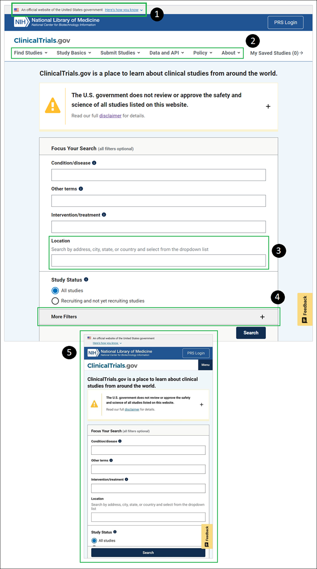 Screenshots of the modern ClinicalTrials.gov website on desktop and mobile with site features numerically highlighted.