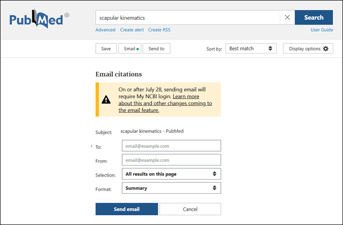 Screenshot of the PubMed website showing a banner that will soon be added to the email feature interface notifying users of the forthcoming changes.