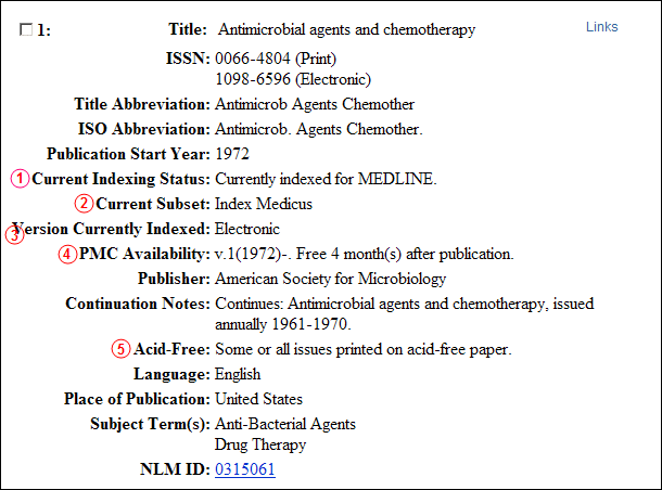 Screen capture of Journals database full record display.