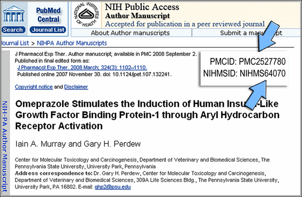 Screen capture of View of the PMCID and NIHMSID in a manuscript