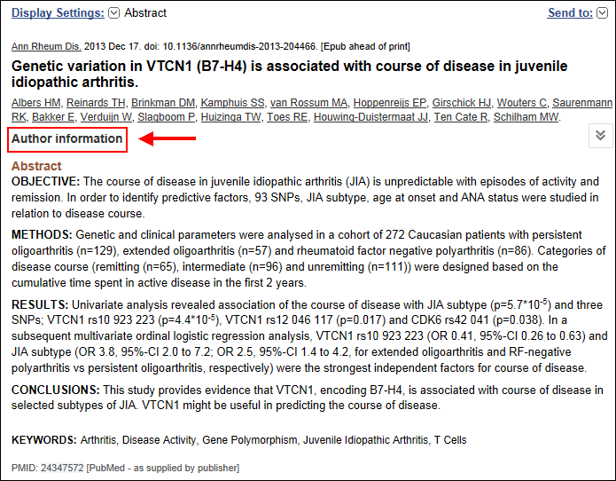 Screen capture of Click on "Author information" to view affiliation(s).