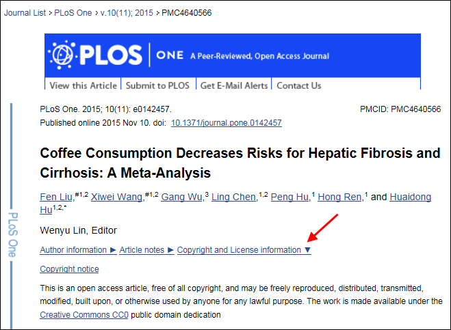 screen shot of Copyright information for an article in PubMed Central