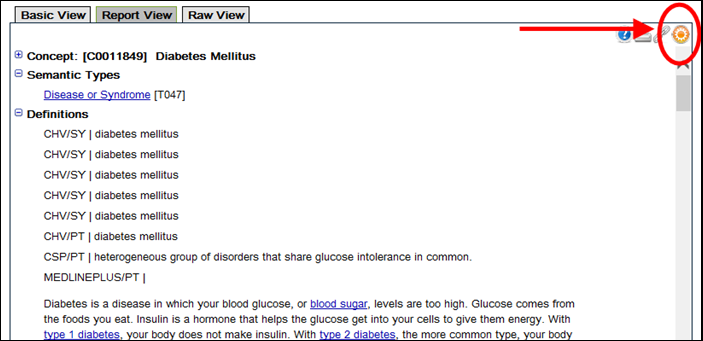 screen shot of UTS Metathesaurus Browser -  Display Settings icon