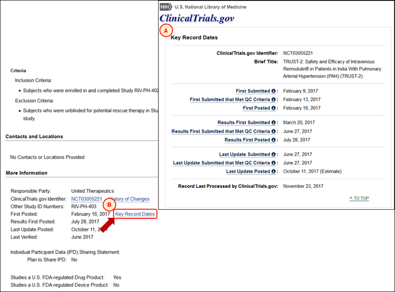 screenshot of the Listing of Key Record Dates for a study record