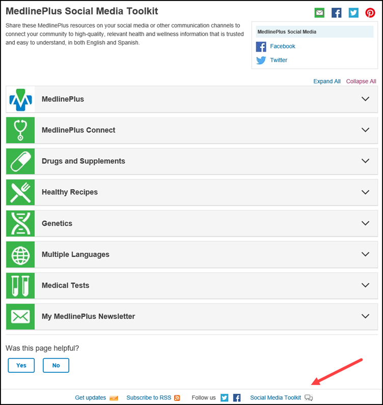 screenshot of MedlinePlus social media toolkit at footer of MedlinePlus website.