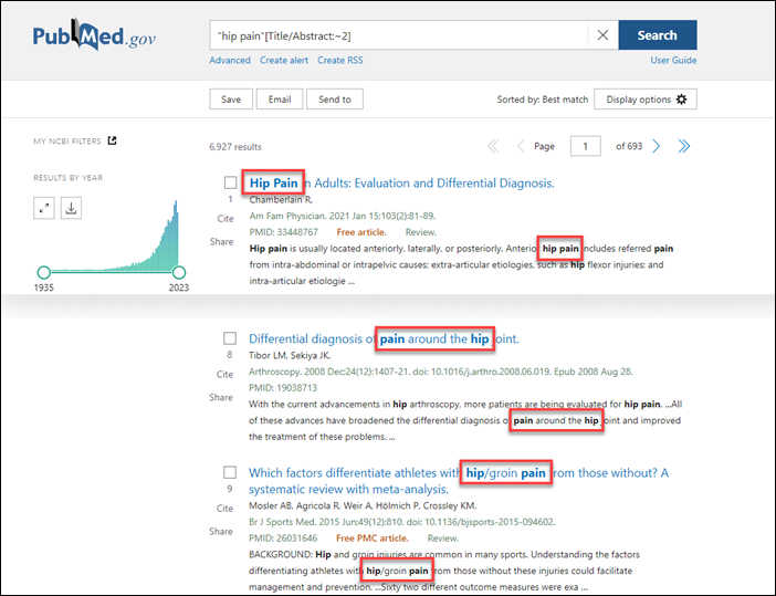 screenshot of PubMed search page for hip pain.