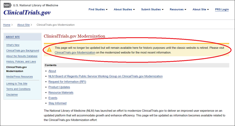 Screenshot of classic ClinicalTrials.gov Modernization webpage with notice circled about the page no longer updating.