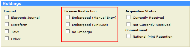 Screen capture of Serials Search Holdings filters with new License Restriction choices.