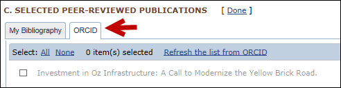 Screen capture of ORCID tab in Selected Peer-Reviewed  Publications.