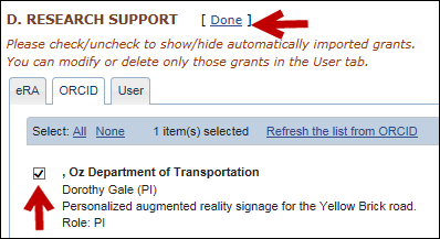 Screen capture of Selecting an award to be displayed in a SciENcv  profile.