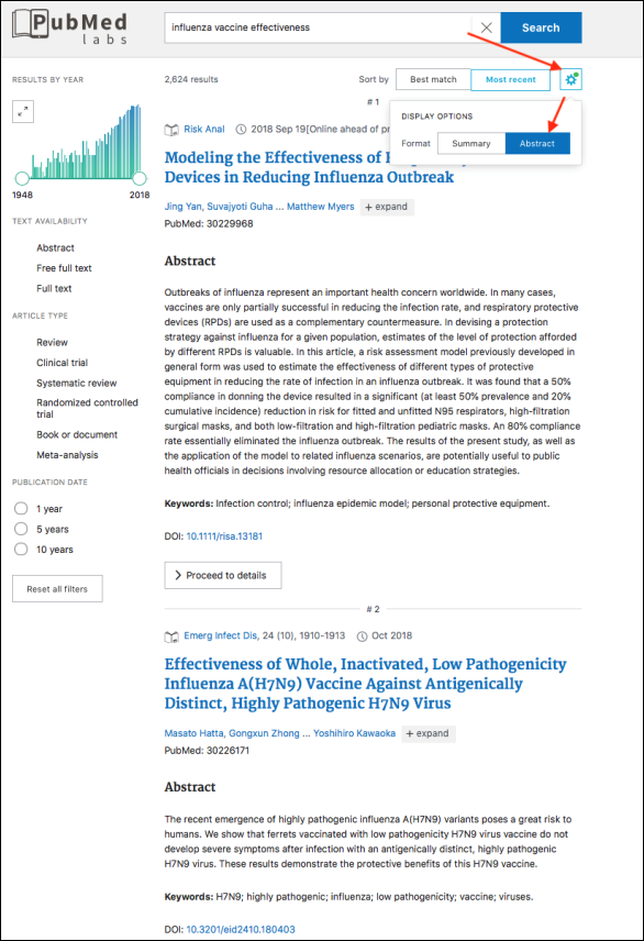 screen shot of abstract display in PubMed Labs search results.