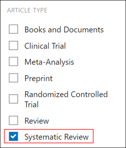 screenshot of PubMed Article Type Filter.